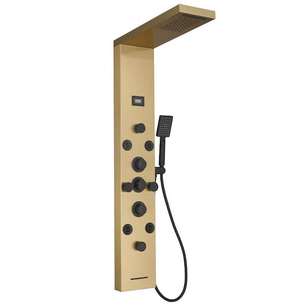 HOMEMYSTIQUE Dual 6-in-One 8-Jet Shower Panel Tower System with Rainfall and Waterfall Head in Black and Gold, Massage Body Jets