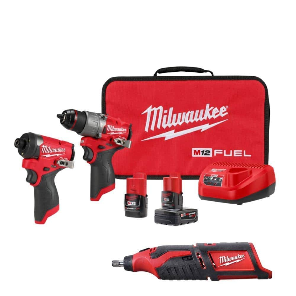 M12 FUEL 12-Volt Lithium-Ion Brushless Cordless Hammer Drill and Impact Driver Combo Kit (2-Tool) with Rotary Tool -  Milwaukee