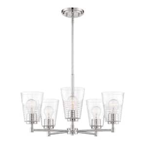 Ingo 5-Light Modern Polished Nickel Chandelier with Clear Ribbed Glass Shades For Dining Rooms