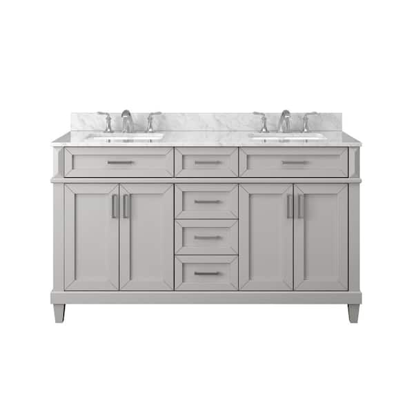 Talmore 60 in. Double Sink Sky Grey Bath Vanity with White Engineered Carrara Marble Top (Assembled)