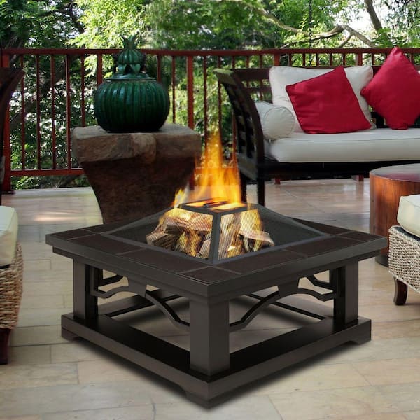 Real Flame Crestone 34 in. Steel Framed Wood-Burning Fire Pit with Brown Tile