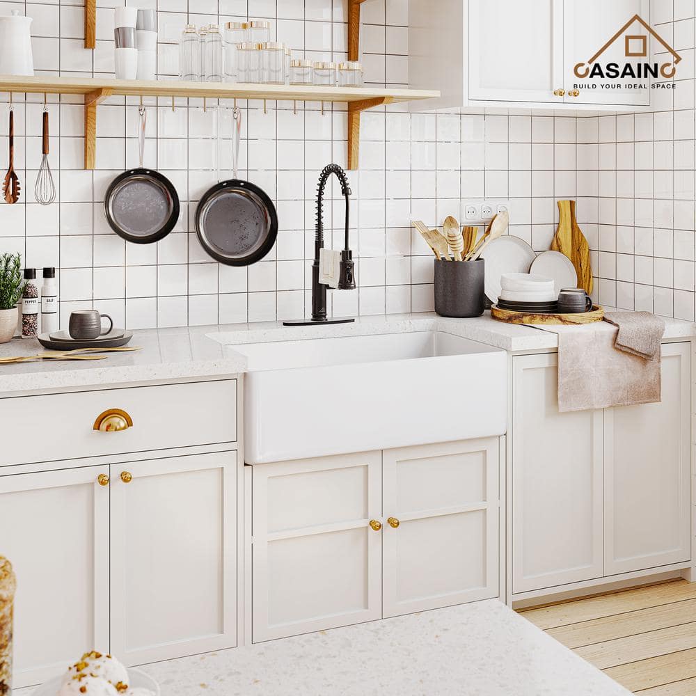 Glossy White Fireclay Single Bowl Farmhouse Kitchen Sink with Accessories