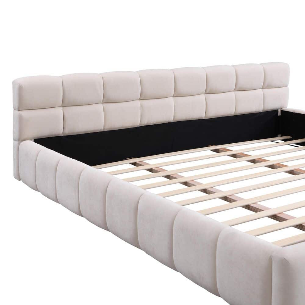 Jackson Beige Chenille Upholstered Wood Frame King Size Platform Bed with Checkerboard Headboard - thumbnail 2