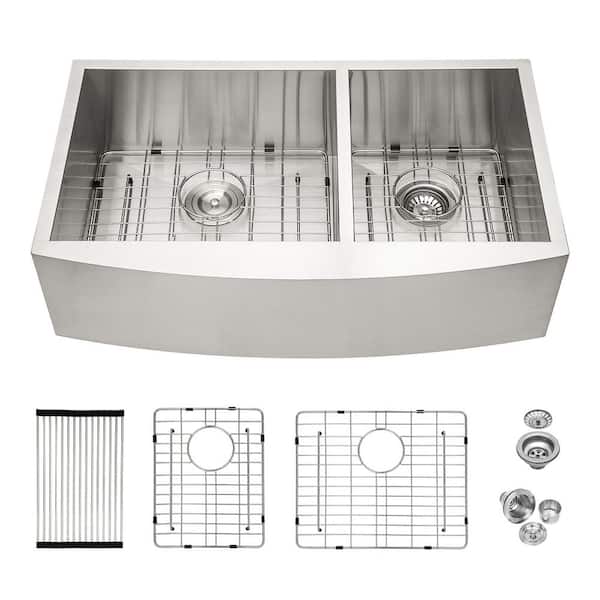 36 in. Undermount Farmhouse Double Bowl 16-Gauge Brushed Stainless Steel R10 Round Corner Kitchen Sink with Accessories