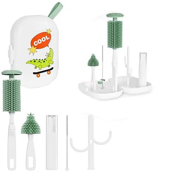 6 in. Bottle Cleaning Brush Set with Silicone Brushes Straw Nipple Cleaner Soap Dispenser Rack and Box