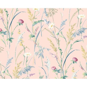 30.75 sq. ft. Lightly Pink Meadow Flowers Vinyl Peel and Stick Wallpaper Roll