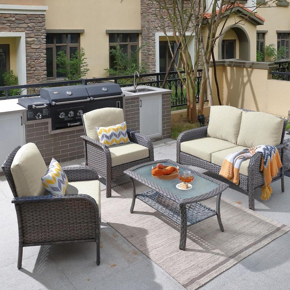 Toject Denali Gray 4-Piece 4-Seat Wicker Modern Outdoor Patio Conversation Sofa Seating Set with Beige Cushions GNDS604