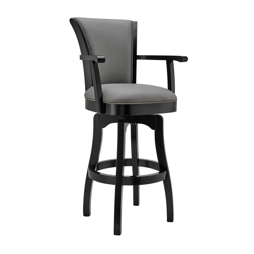 Raleigh 26" Gray Faux Leather Swivel Barstool with Black Wood Frame