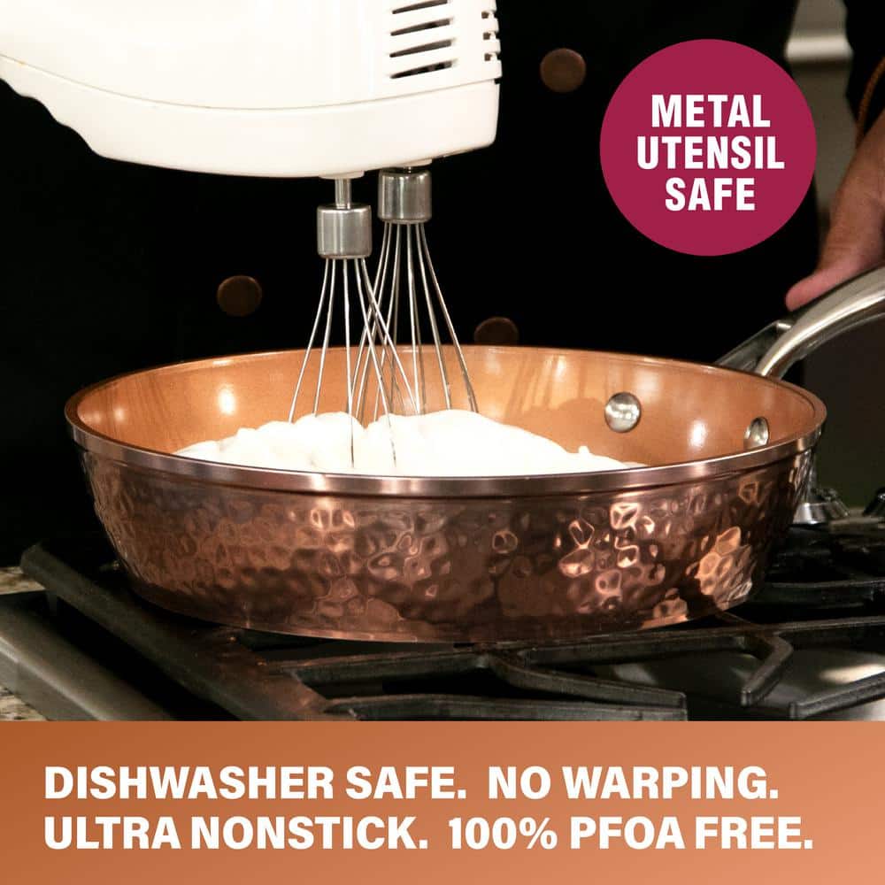 Hammered Copper 12'' Aluminum Nonstick Fry Pan with Lid