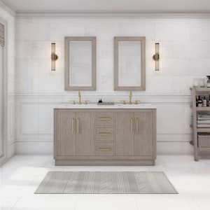Hugo 60 in. W x 22 in. D Bath Vanity in Grey Oak with Marble Vanity Top in White with White Basin and Mirror