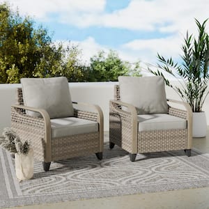 Brown Wicker Outdoor Lounge Chair Patio Dining Chair with Gray Cushions (2-Pack)