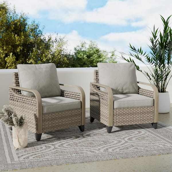 Brown Wicker Outdoor Lounge Chair Patio Dining Chair with Gray Cushions (2-Pack)
