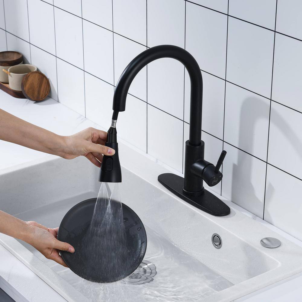 Matte Black Stainless Steel High-Arc Kitchen Faucet with Pull-out Spray