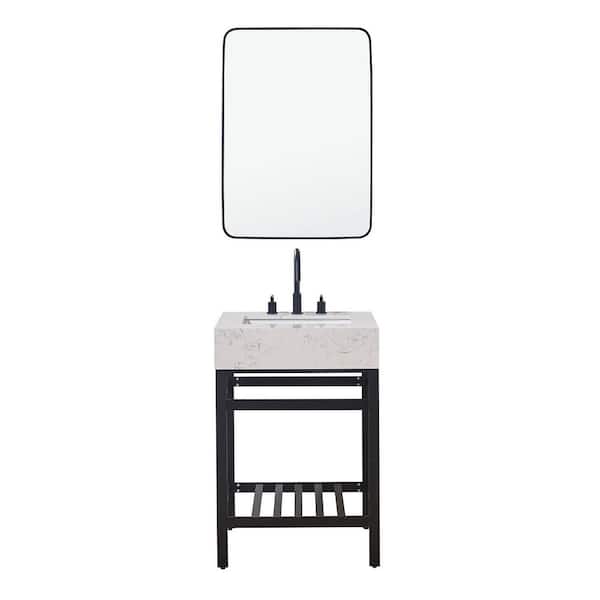 Altair Merano 24 in. W x 22 in. D x 35 in. H Single Sink Bath Vanity in Matte Black with White Composite Stone Top and Mirror