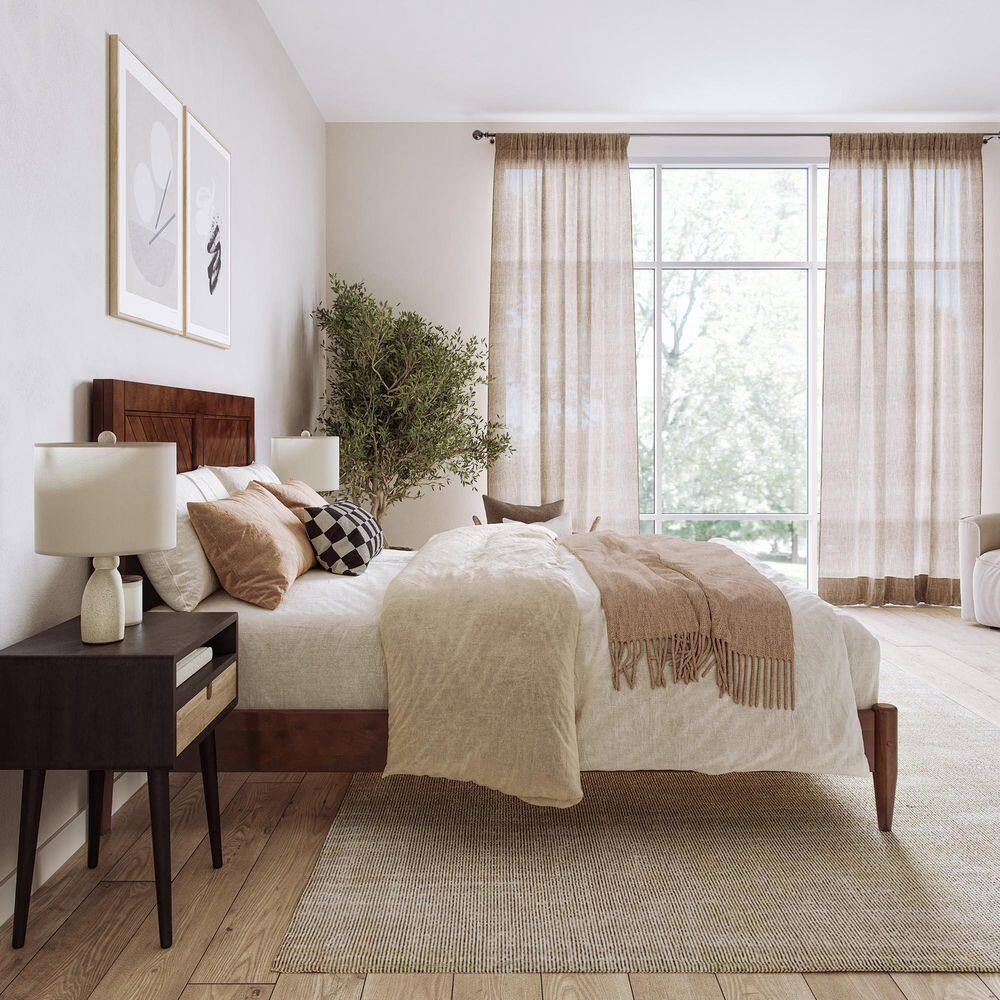Walnut Full Solid Wood Platform Bed with Chevron Headboard