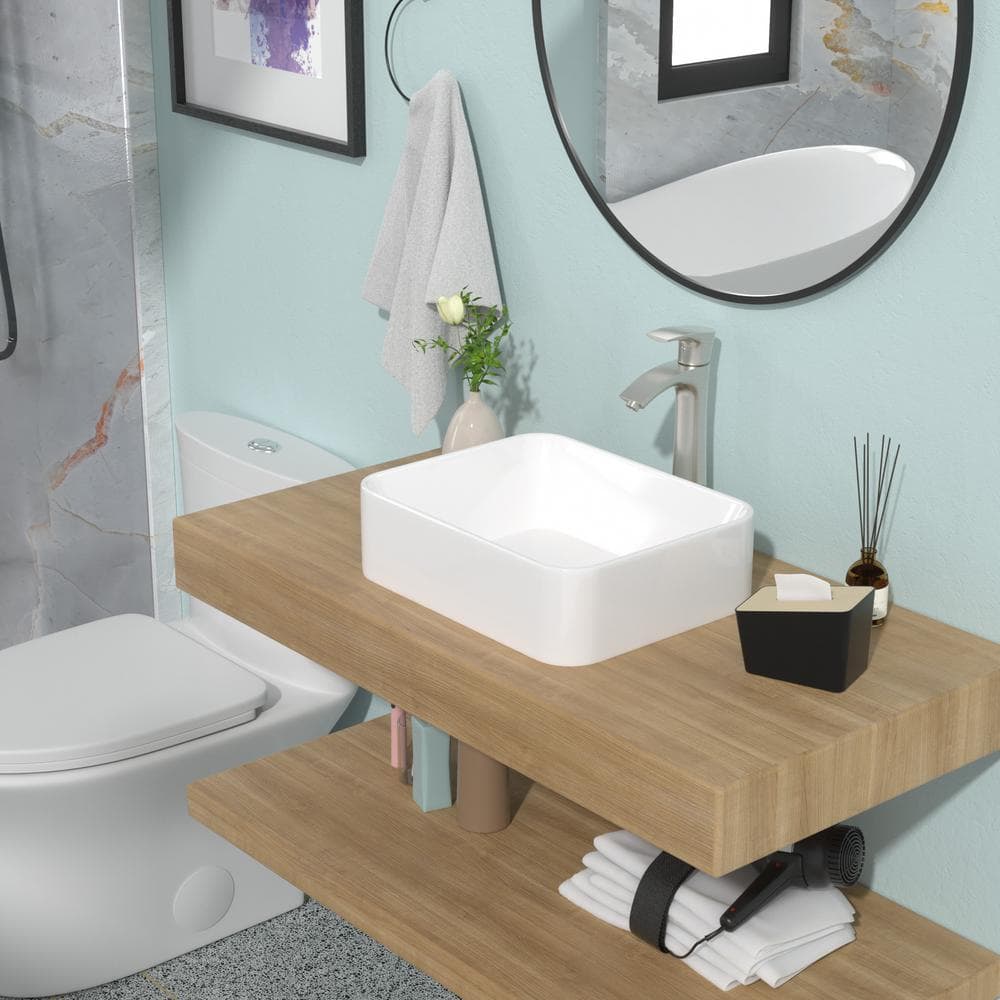 19 in . Ceramic Rectangular Bathroom Sink in White with Brushed Nickel Fauc