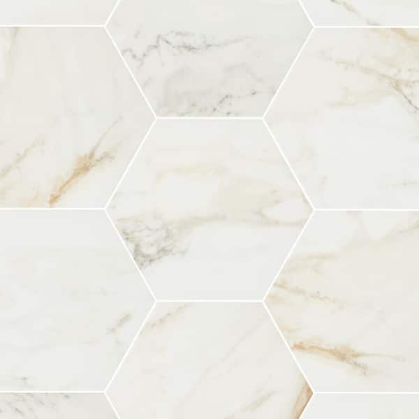 Daltile Lamora Marble Gilded White 8 in. x 9 in. Glazed Porcelain Hexagon Floor and Wall Tile (0.3748 sq. ft./each)
