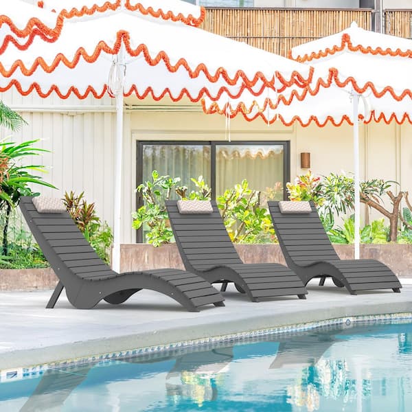 Neutral 3-Piece HDPS Plastic Stackable Outdoor Chaise Lounge Patio Lounge Chair with Cushion Up to 10 in. Deep