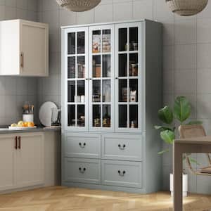 47.2 in. W x 78.7 in. Tall 8-Shelf Gray Wood Standard Bookcase Bookshelf With Glass Doors, Adjustable Shelves, Drawers