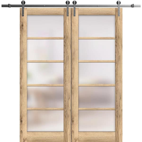 Sartodoors 28 in. x 96 in. 2 Panel Frosted Glass Oak Solid MDF Sliding Barn Door with Hardware Kit