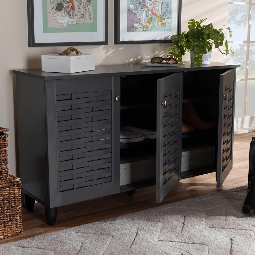 Dark Gray 3-Door Wooden Entryway Shoe Storage Cabinet