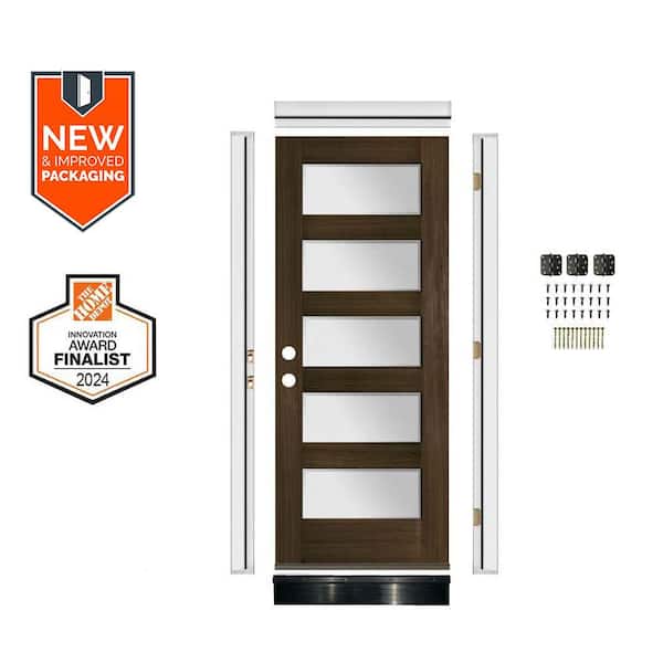 36in.x80in. Hemlock 5-Lite Right-Hand Frosted Glass Black Stain Wood AssemblyRequired Front Door Kit w/QuickAssembleJamb