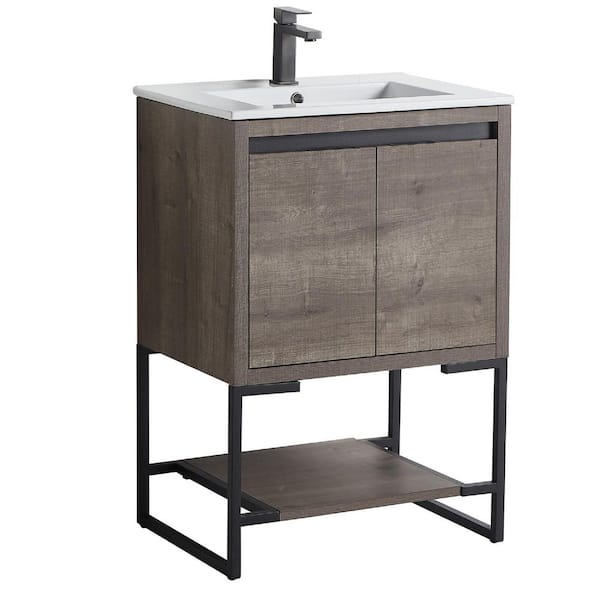 HBEZON JIM 24 in. W x 18.31 in. D x 35 in. H Floating Bath Vanity in Plaid Gray Oak with White Integrated Ceramic Top & 2 Doors