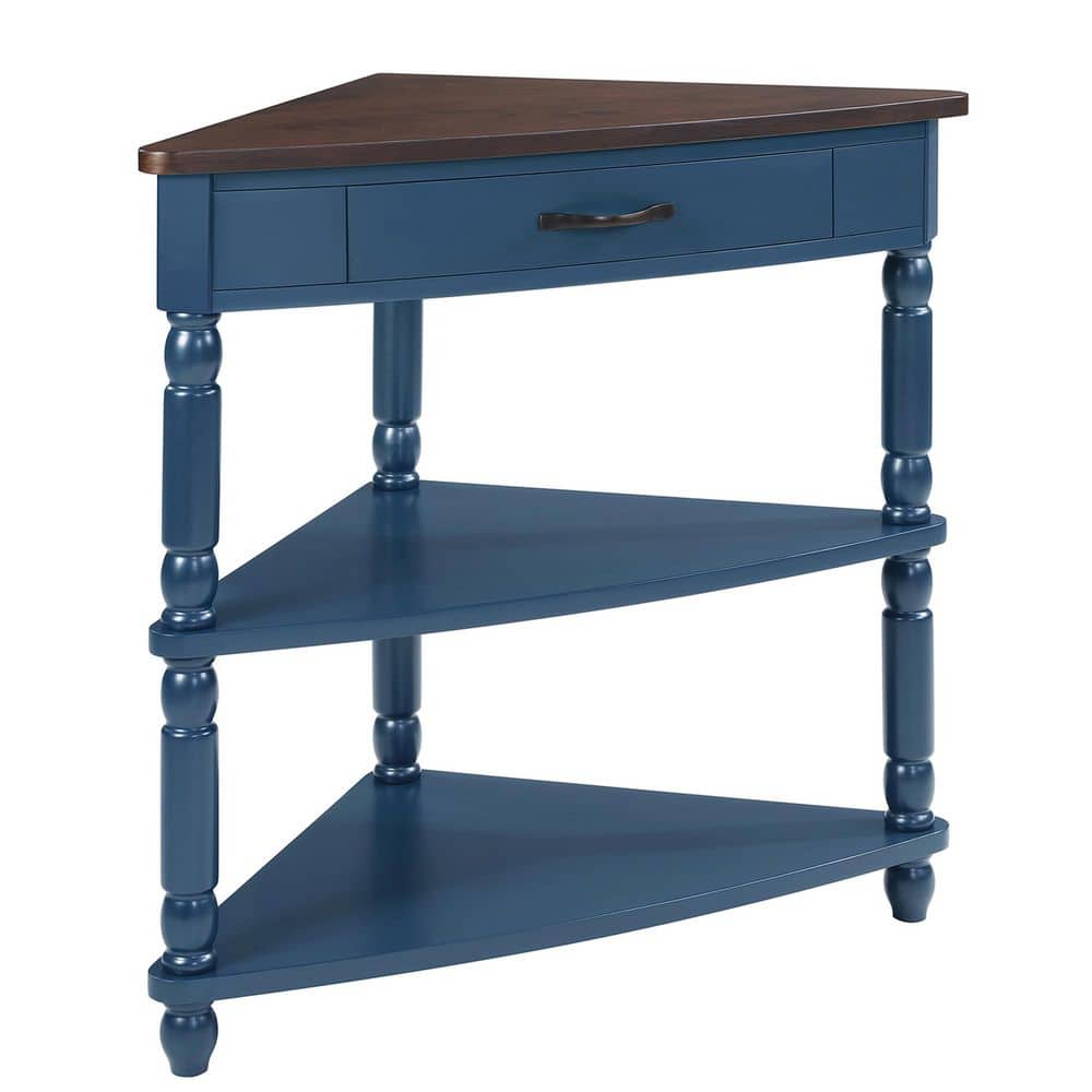 33.8 in. Light Espresso Triangle Wood End Table with 1-Drawer Corner Side Table 3-Tier Corner Table with Solid Wood Legs - thumbnail 9