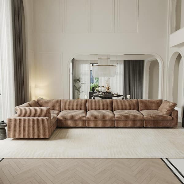 Magic Home 197 in. Square Arm Plush Velvet 6-Piece Comfy Couch Deep Seat Cloud Modular Sectional Sofa with Washable Covers in Brown