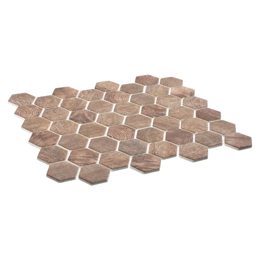 Cherri Hexagon Glass Mosaic Tile with Wood Look