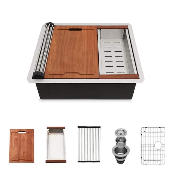 23 in. Drop-In Single Bowl 16 Gauge Brushed Nickel Stainless Steel Kitchen Sink and Drain