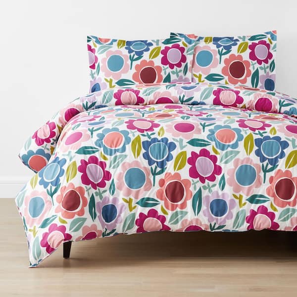 The Company Store Company Kids Joyful Flower White Multi Full/Queen Organic Cotton Percale Comforter Set
