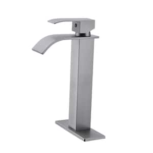 Hight Arc Waterfall Spout Single Handle Single Hole Bathroom Faucet in Brushed Nickel