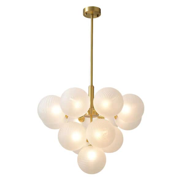 HUOKU 13-Light Brass and White Bubble;Island Circle;Cluster;Globe;Tiered Chandelier for Dining Room with Ribbed Glass