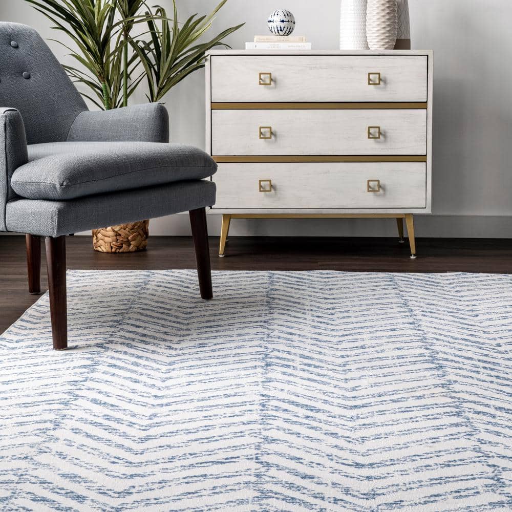 Rosanne Blue and Ivory Geometric 5' x 8' Washable Synthetic Area Rug