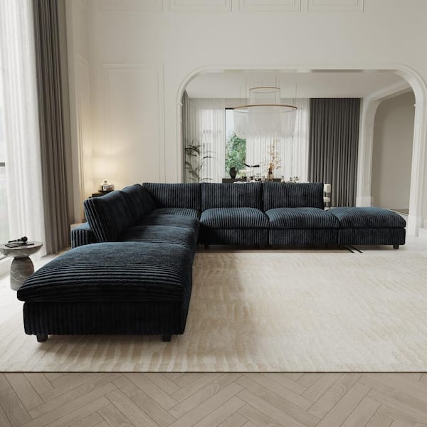 Magic Home Modern 157 in. Square Arm Soft Faux Rabbit Fur Velvet Modular Cloud Sectional Sofa 7 Seater with Ottomans in Black MH 141BK SF5 2