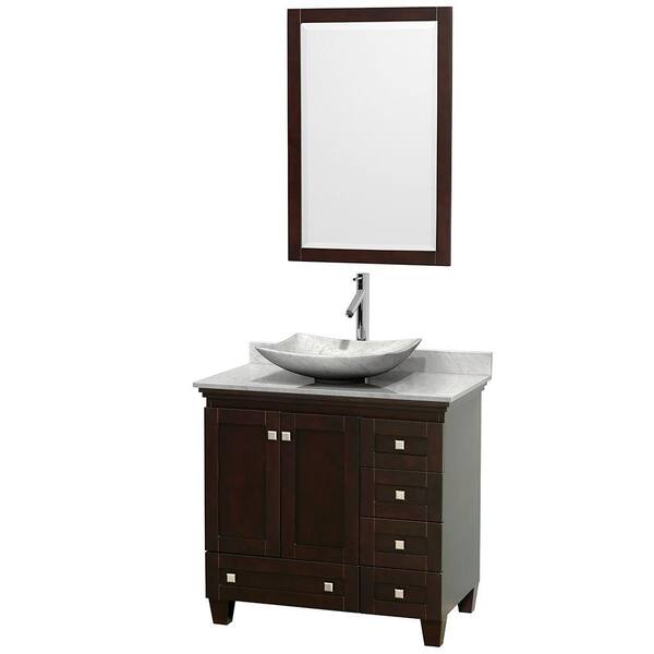 Wyndham Collection Acclaim 36 in. W Vanity in Espresso with Marble Vanity Top in Carrara White, White Carrara Marble Sink and Mirror