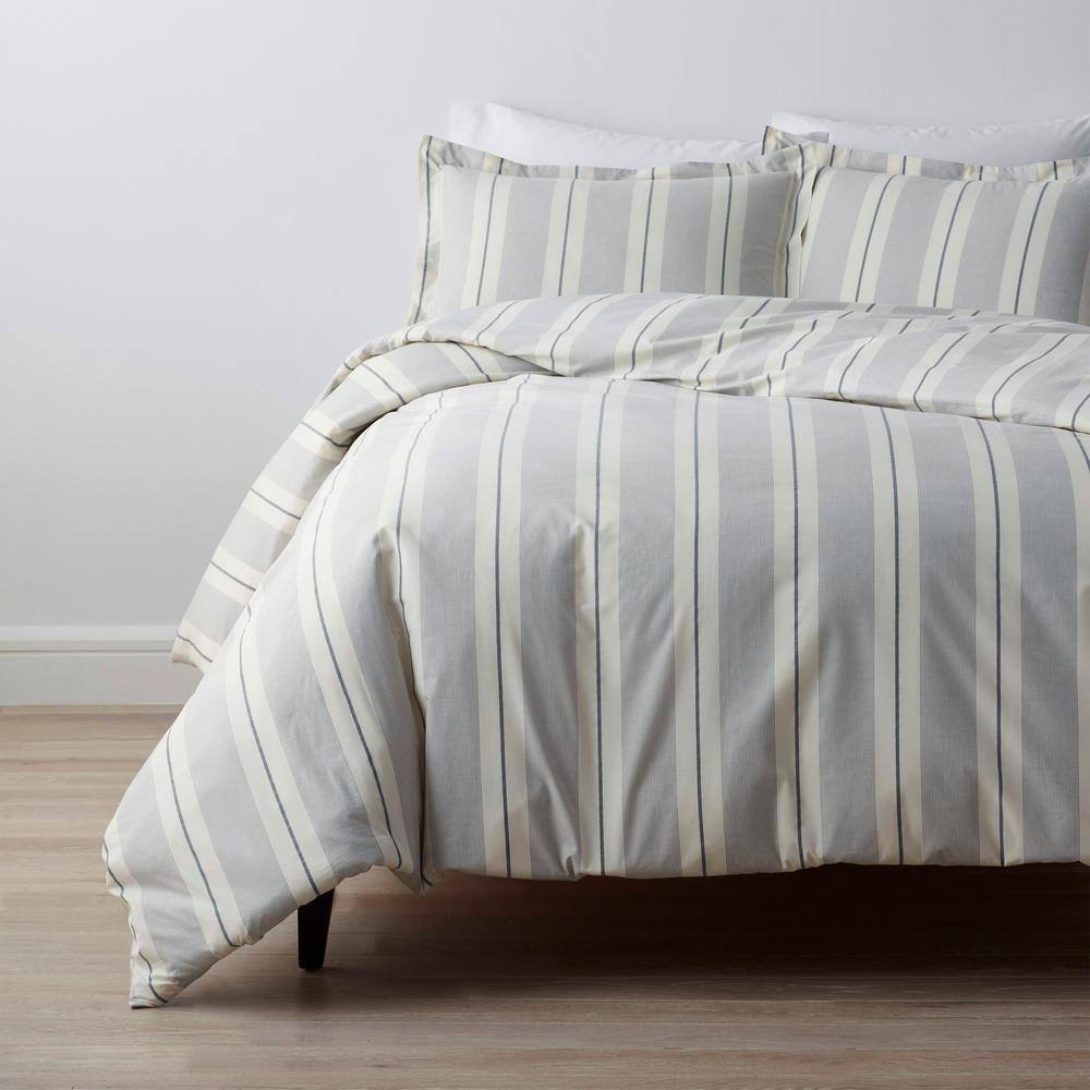The Company Store Wide Stripe Yarn Dyed Navy Cotton Percale Queen Duvet