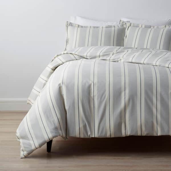 The Company Store Wide Stripe Yarn Dyed Navy Cotton Percale Queen Duvet Cover