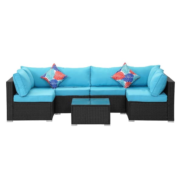 Clihome 7-Piece Outdoor Black PE Rattan Wicker Sofa Set Patio Conversation Set with Removable Blue Cushions and Coffee Table