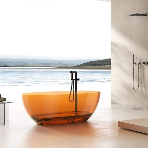 Vanity Art 67 in. x 30 in. Freestanding Oval Soaking Stone Resin Bathtub in Pure Resin Coffee with Polished Chrome Pop Up Drain