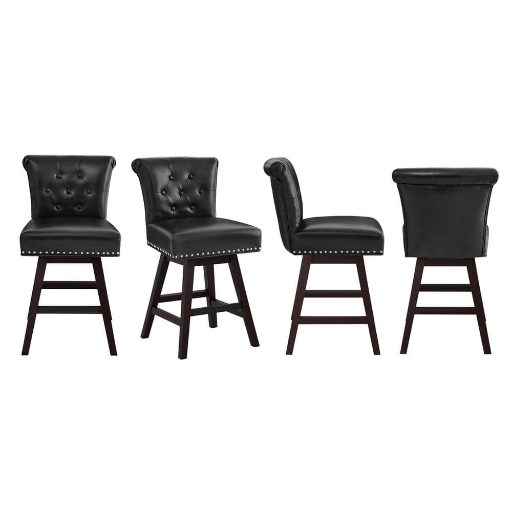 Black Faux Leather 26'' Swivel Bar Stools with Wood Legs