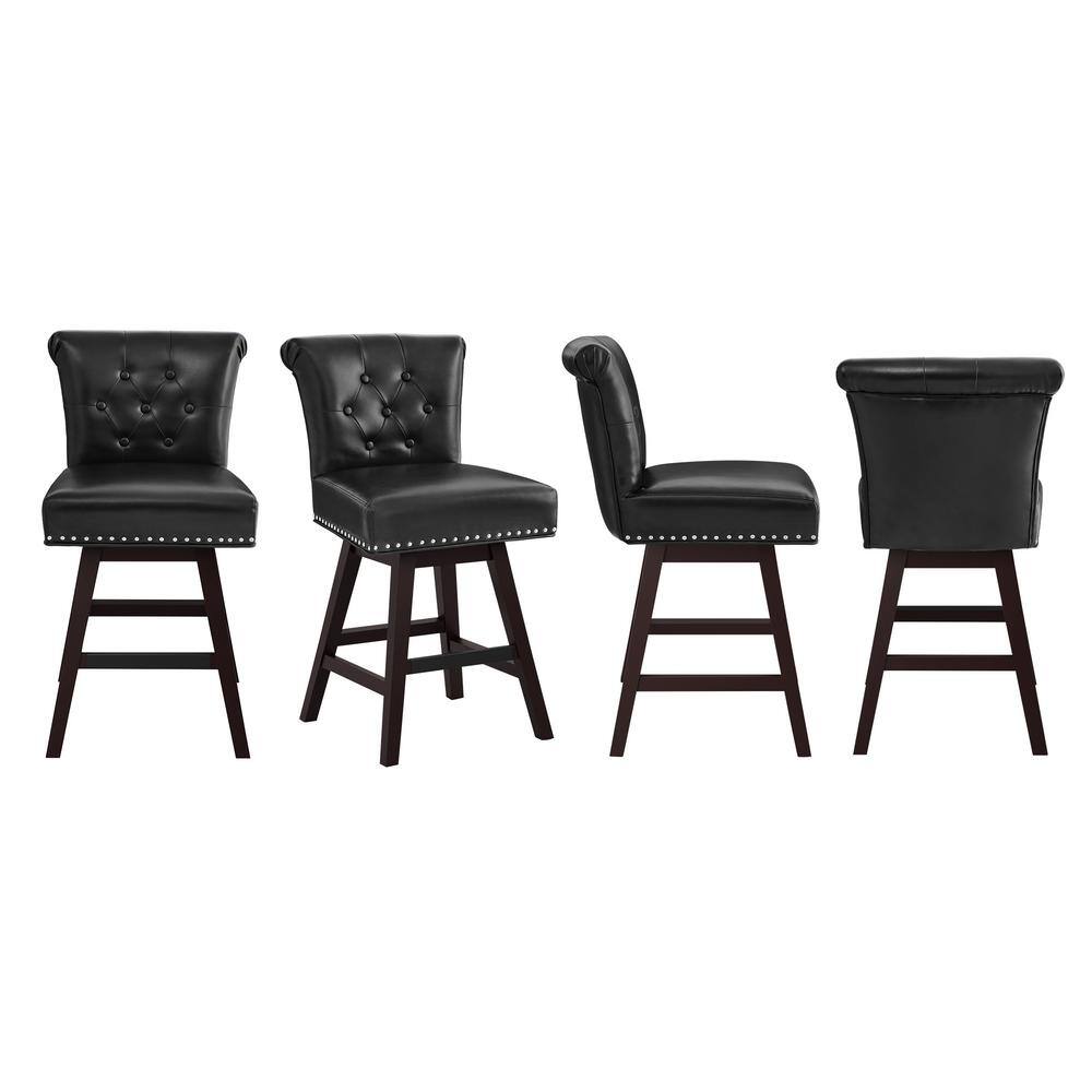 Black Faux Leather Swivel Counter Stool with Wood Legs