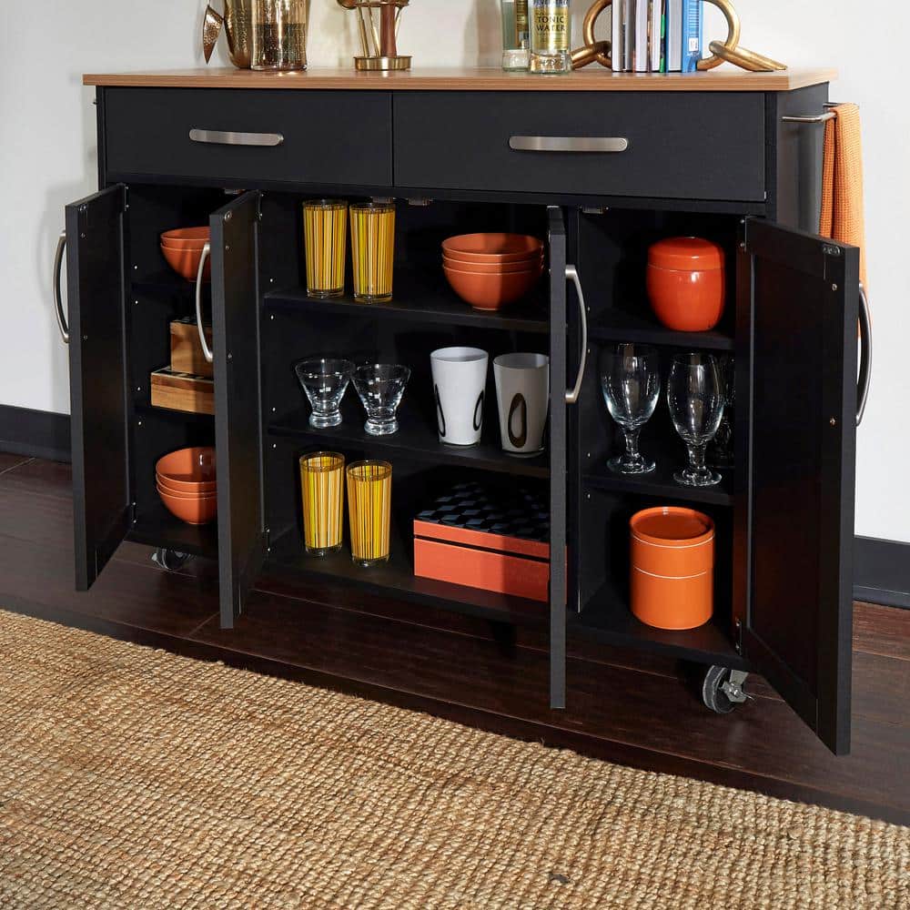 Black Wood Kitchen Cart with Natural Laminate Top and Storage