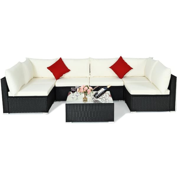 Costway Patio Rattan 29 in. Beige Sponge 6-Seater English Rolled Arm Sofa with Removable Cushions