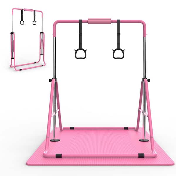 35 in.-51 in. Adjustable Height Anti-Wobble Kids Gymnastics Bar with Mat, Foldable Training Bar for Home Practice