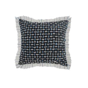 Modern Black / Blue Interwoven Fringed Poly-fill 20 in. x 20 in. Indoor  Throw Pillow