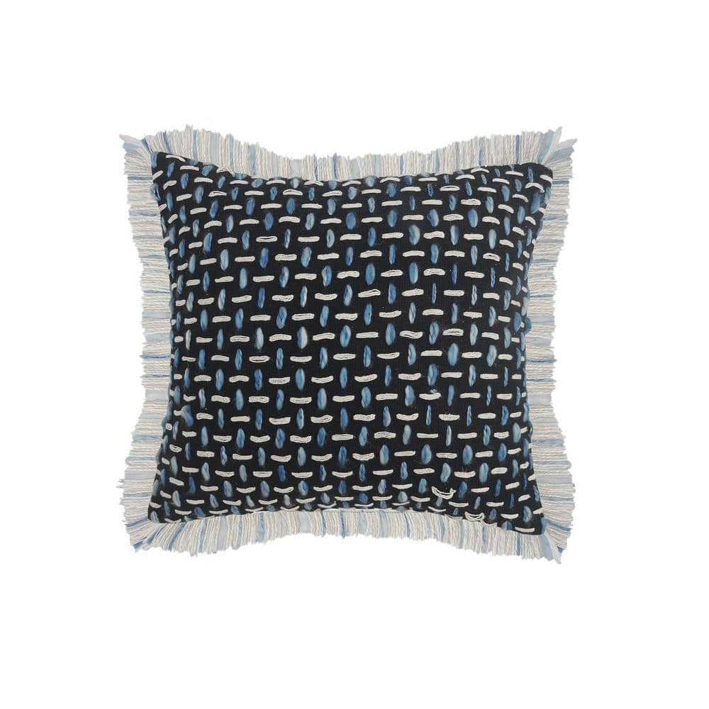 Modern Black / Blue Interwoven Fringed Poly-fill 20 in. x 20 in. Indoor  Th