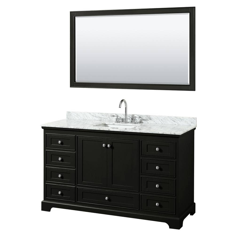 Wyndham Collection Deborah 60 in. Single Vanity in Dark Espresso with Marble Vanity Top in White Carrara with White Basin and 58 in. Mirror