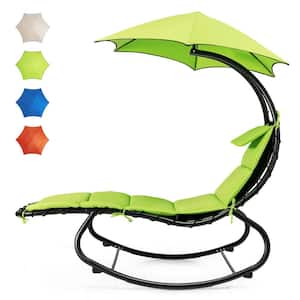 6 ft. Free Standing Patio Hammock Chair Floating Hanging Chaise Lounge Chair with Green Canopy and Built-in Pillow